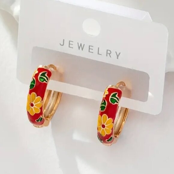 Red Floral Enamel Huggie Earrings #1352-RED - Picture 3 of 4